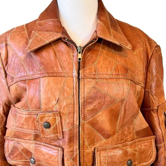 Vintage Casablanca Patchwork Zig Zag Stitch Leather Bomber Jacket